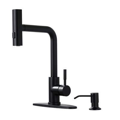 13,5 po Robinet de cuisine à poignée simple avec douchette extractible et distributeur de savon noir mat