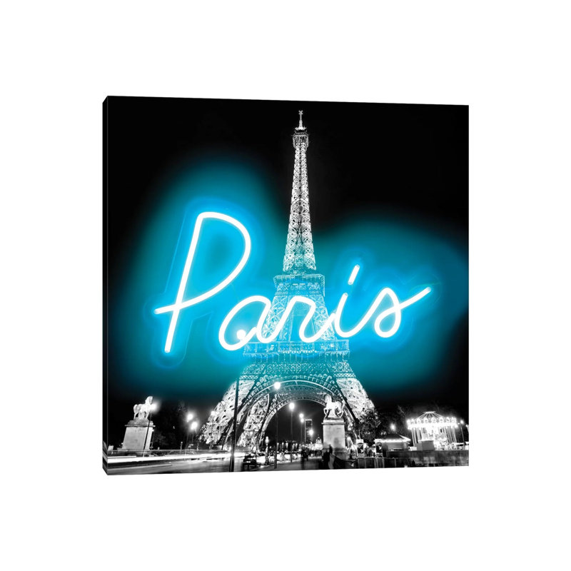 Neon Paris Aqua On Black by Hailey Carr - Wrapped Canvas Print, 30.48 cm H x 30.48 cm W