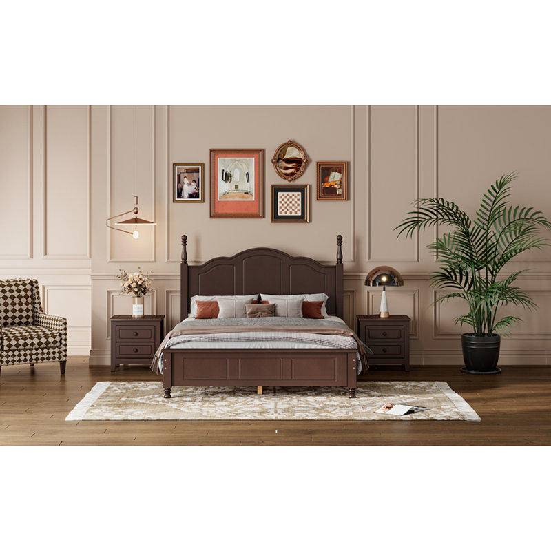 Ensemble de chambre à coucher 3 pièces, lit plateforme en bois et deux tables de chevet