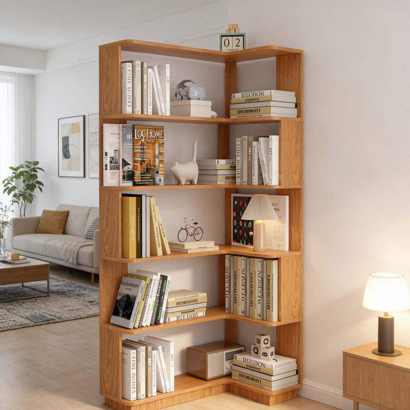 Freestanding Corner Bookshelf with Open Storage Display, Dark Oak