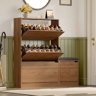 31.5''W Farmhouse 3-Tier Shoe Cabinet with Bench and Flip Drawers, 20-26 Pair Free Standing Shoe Storage for Entryway