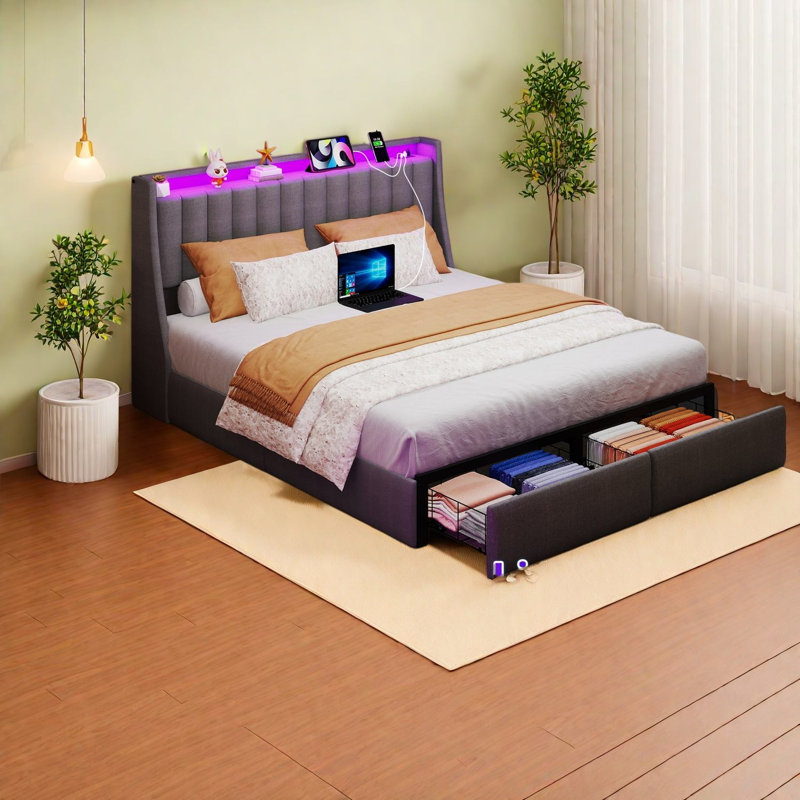 Lit Queen Size avec rangement, plateforme moderne en métal gris rembourrée pour la maison