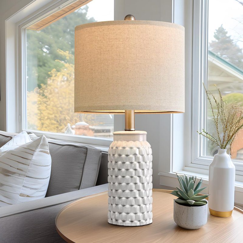 White Textured Ceramic Bedside Lamp Set with Beige Shades
