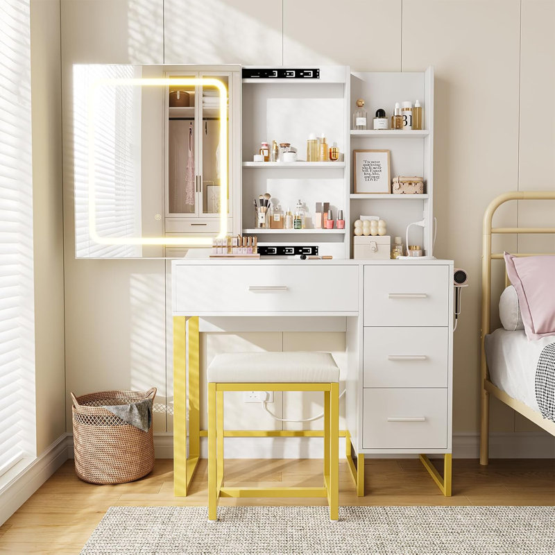 Makeup Vanity With Mirror And Lights, Vanity Desk With Sliding LED Lighted Mirror, Power Outlet, White