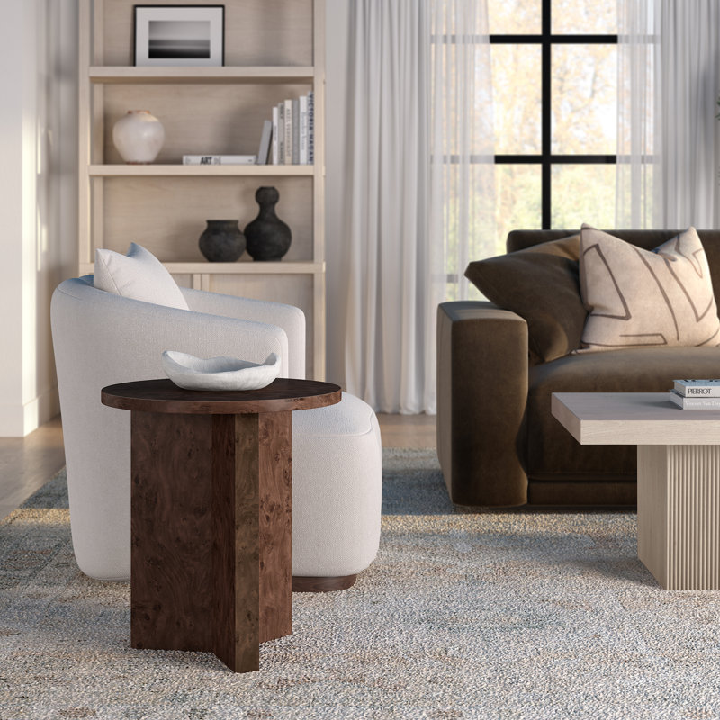 Potbelly Round End Table with Cross Base, Espresso Burl