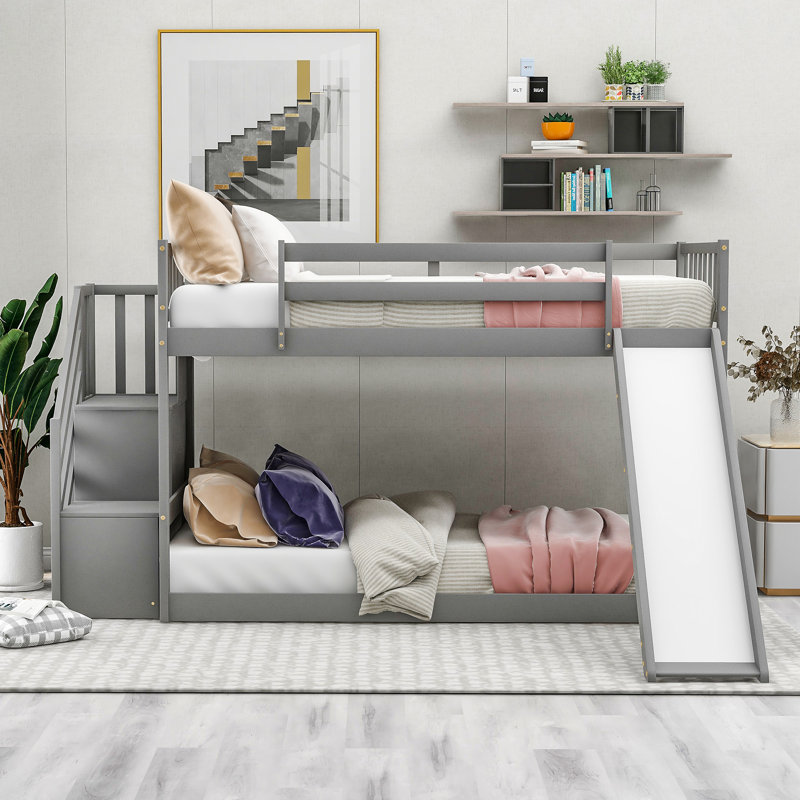 Lit superposé avec glissière convertible et escalier, Gris