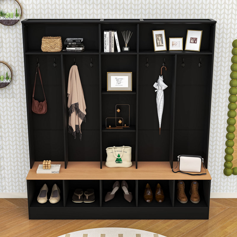 Elegant Hall Tree with Wood-Grain Finish, Shoe Bench, Storage Cubes & Shelves, Black