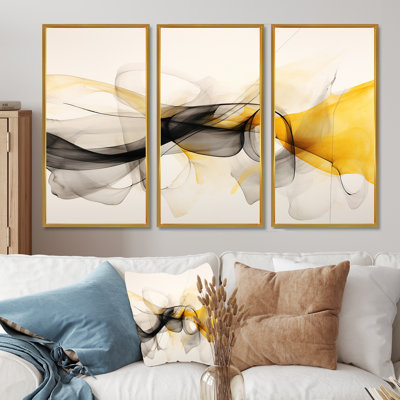Mariage de noir et jaune - ensemble d'art mural abstrait à encre liquide