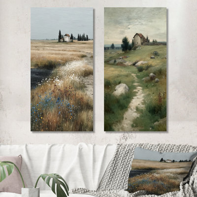 «Brown White Farmhouse Meadows in Ireland», impression d'art mural en métal 2 pièces