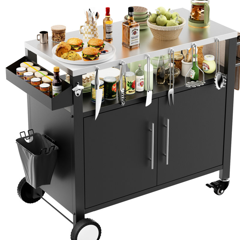 Outdoor Bbq Cart With Spice Rack And Push Handle - Convenient For Grilling, Black Rolling Grill Stainless Steel Tabletop Easy To Move Use,