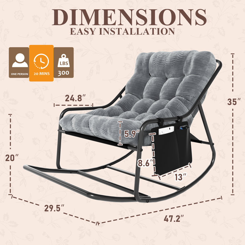 Fauteuil à bascule avec repose-pieds extensible, fauteuil inclinable Papasan surdimensionné avec coussin en velours côtelé et poche de rangement, structure en acier, pour intérieur et extérieur (chambre, salon, terrasse), beige