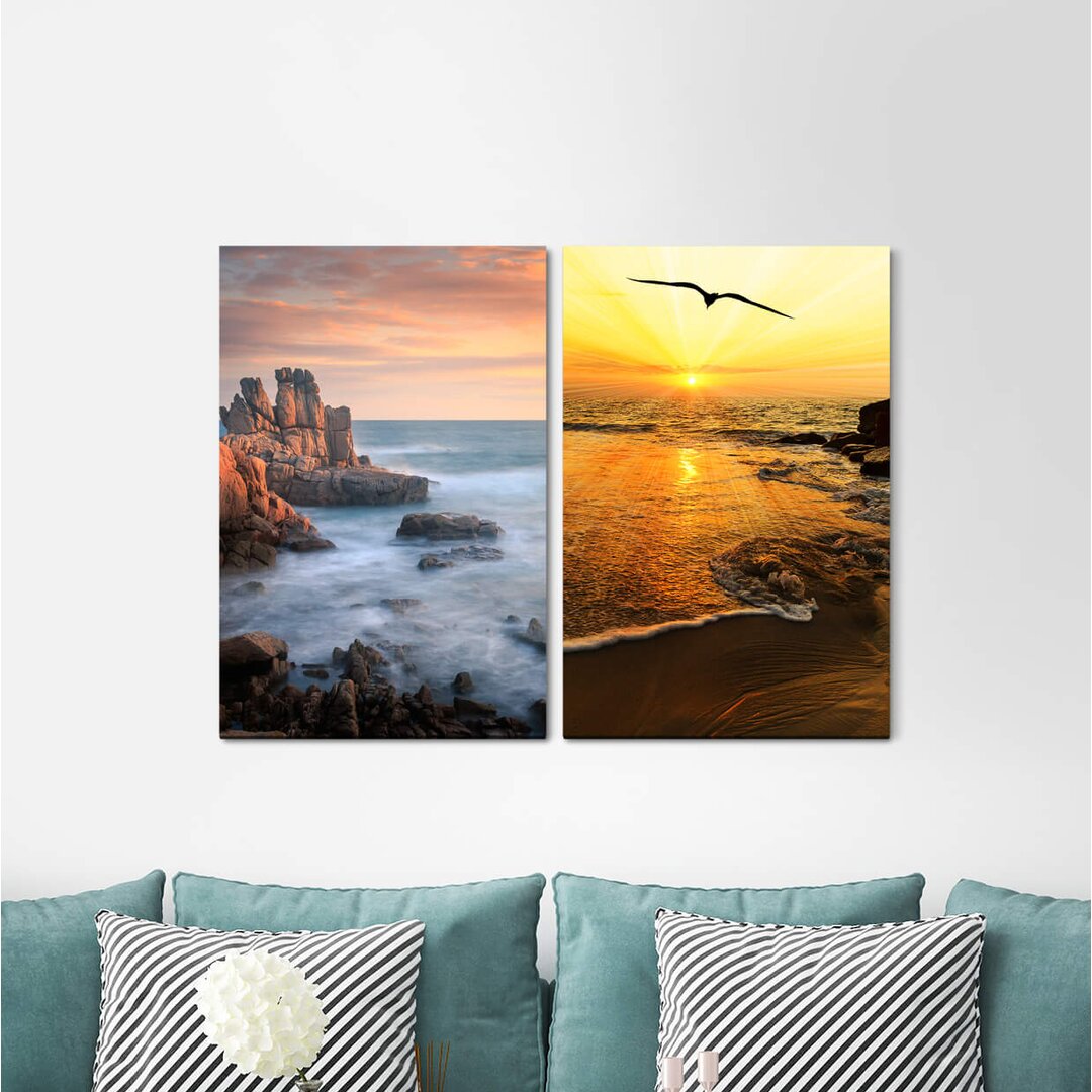 2-tlg. Leinwandbilder-Set - Fotografie „Sea Cliffs Waves Seagull Flying Sunshine Freedom”