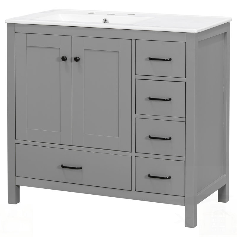 Meuble-lavabo de salle de bain avec lavabo en céramique, beaucoup de rangement incluant des portes et des tiroirs à fermeture en douceur