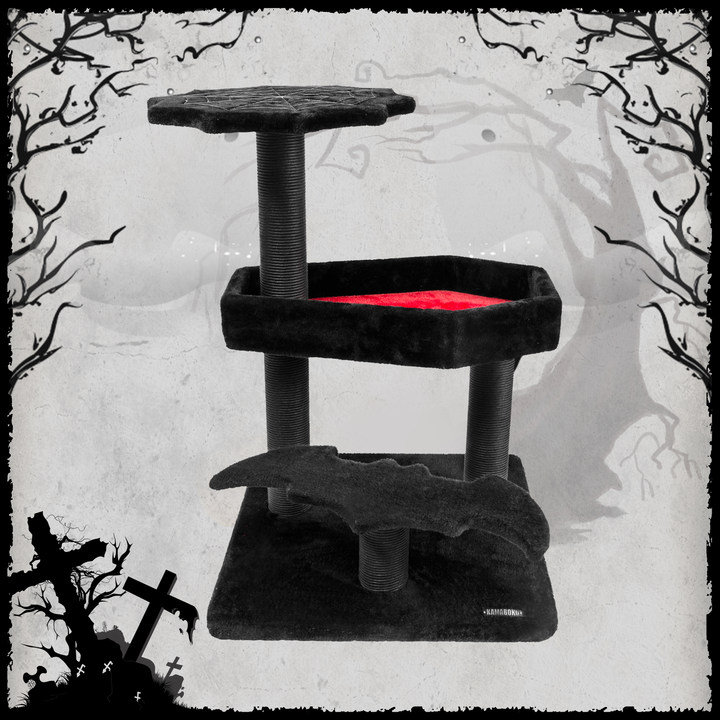 Gothic Black and Red Coffin Cat Tree with Scratching Post
