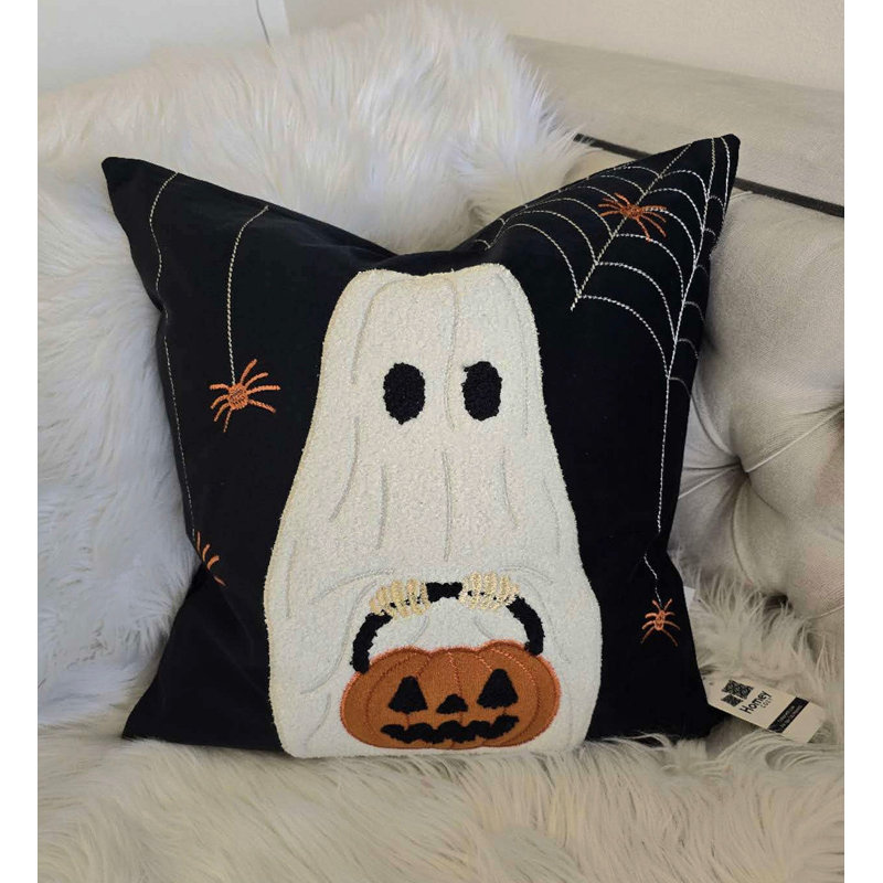 Halloween Ghost With Pumpkin Bucket Throw Pillow
