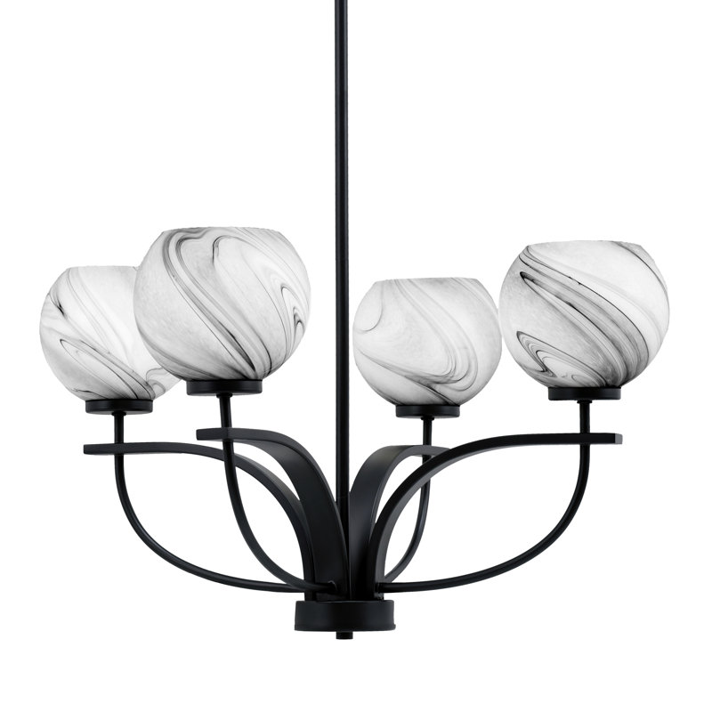 Cavella 4 Light, Uplight, Chandelier Shown In Matte Black Finish With 5.75" Onyx Swirl Glass