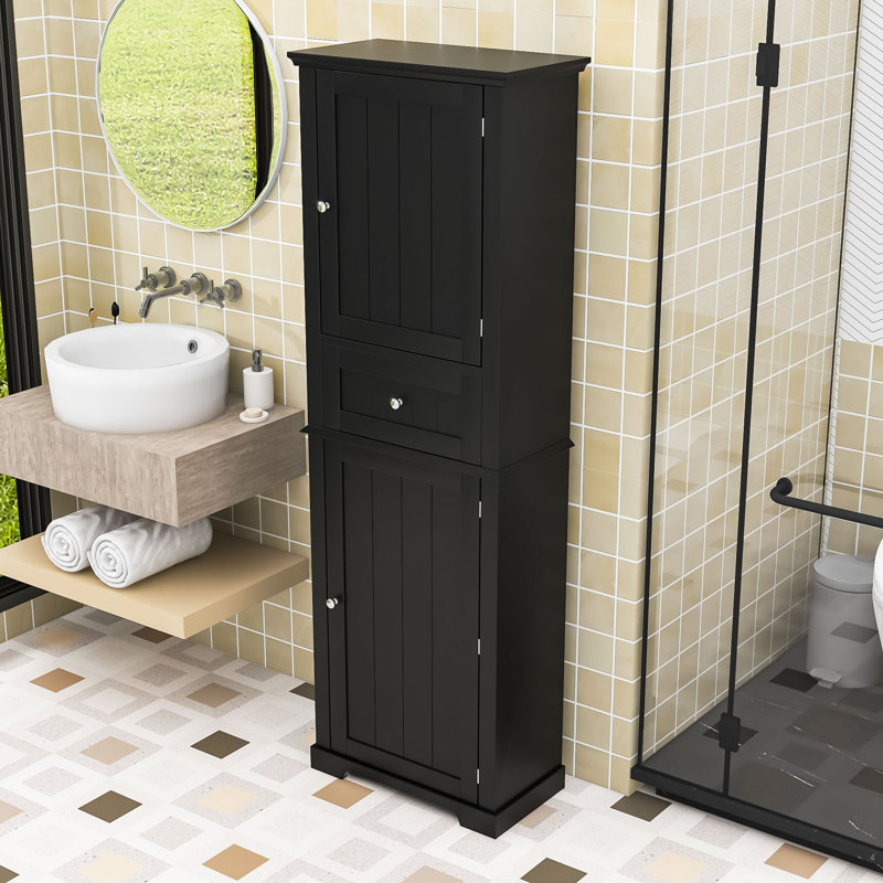 Luxurious Wood Bathroom Storage Cabinet with Adjustable Shelves, 67" H x 11" W x 22" D, Black