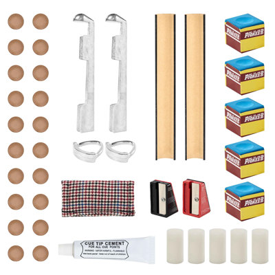 Barrington Billiards 38-Piece Pool Cue Tip Repair Kit with 13 mm Cue Tips, Ferrules, Aluminum Clamps, Tip Shapers, Glue, Chalk, and Cleaner for DIY Cue Tip Replacement and Repair