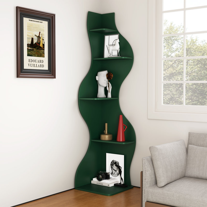 Corner Bookshelf, 5 Tier Modern Wall Shelf Bookcase Small Storage Rack Stylish Accent Wavy For Small Space, Plant Stand, Orange