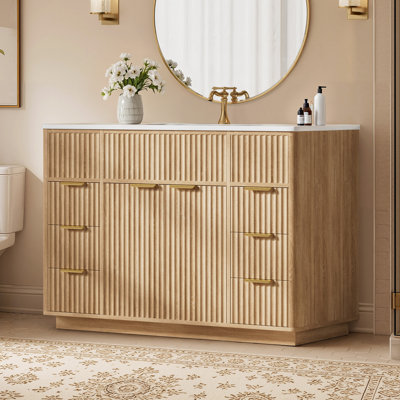 Meuble-lavabo simple 48 po avec rangement, conception à vagues, portes à fermeture en douceur, finition chêne naturel