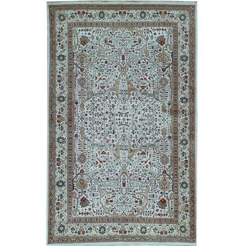 Tapis vert et ivoire noué à la main de haute qualité