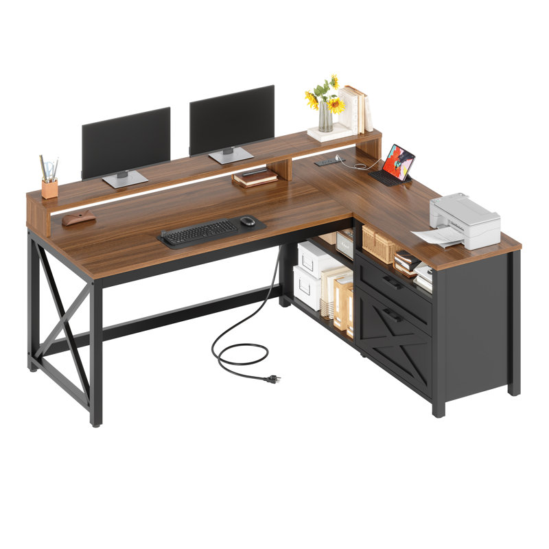 Deskfarmhouse L Shaped Desk, 55" Home Office Desk With Drawers And Storage Shelves, L Shaped Gaming Desk With Led Lights, Power Outlet And Monitor Shelf