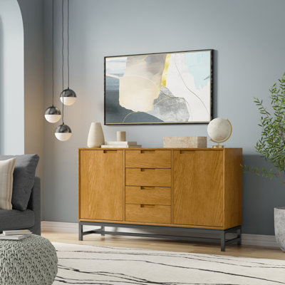 Banting 60"W Oak Veneer Industrial 2-Door Sideboard Buffet with Center Drawers and Metal Base