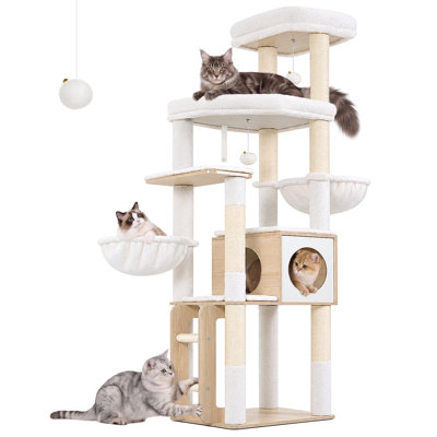 Tour à chat 70 po pour grands chats 70 po, chat en bois avec poteaux à griffer, échelle en sisal et 2 maisons fermées, surface facile à nettoyer pour 2 ou 3 chats, couleur bois naturel