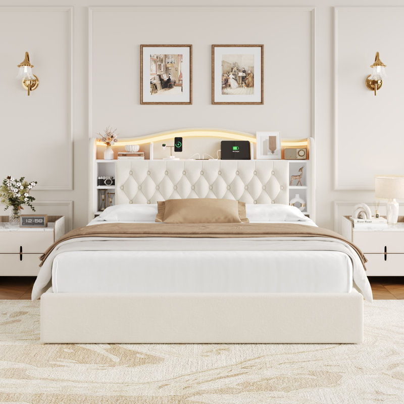 Hydraulic Lift Up Storage Upholstered Platform Bed With LED Storage Headboard, Contemporary Style, King