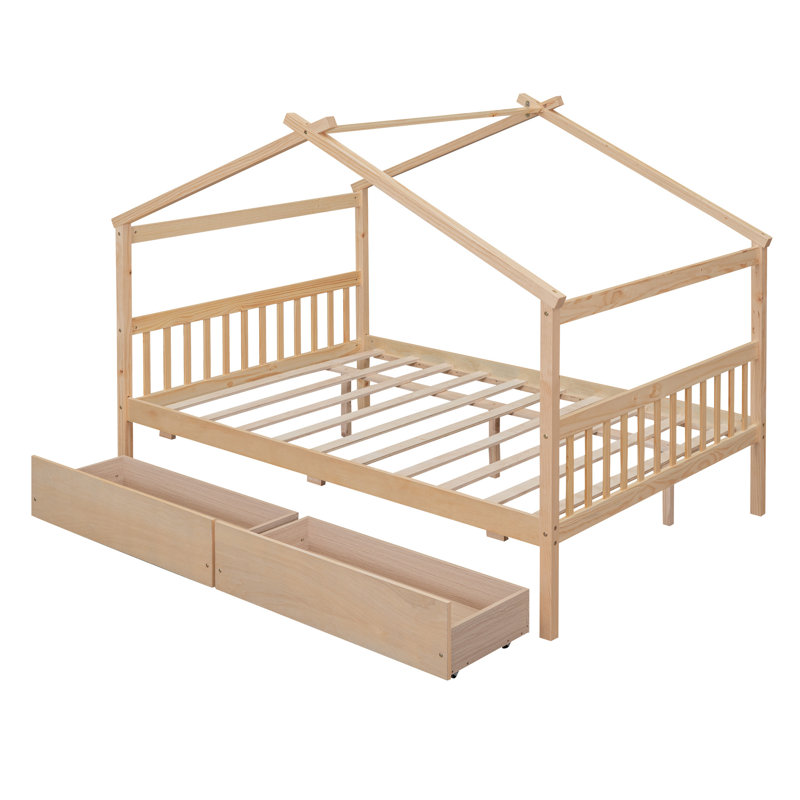 Lit maison en bois avec tiroirs, naturel, Naturel, Double