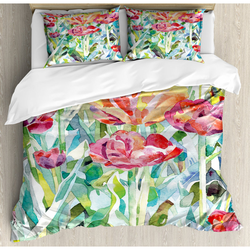 Coastal Polyester Floral Duvet Cover, Queen Duvet Cover + 2 Shams