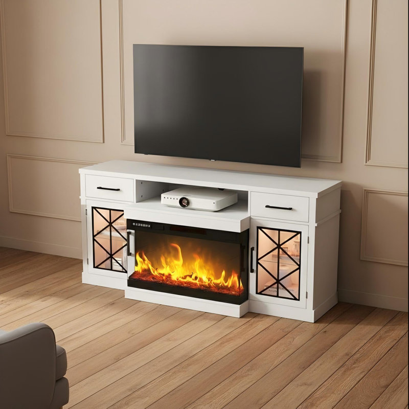 65" Fireplace TV Stand with 30" 3-Sided Electric Fireplace, LED Lights & Storage Cabinets, White