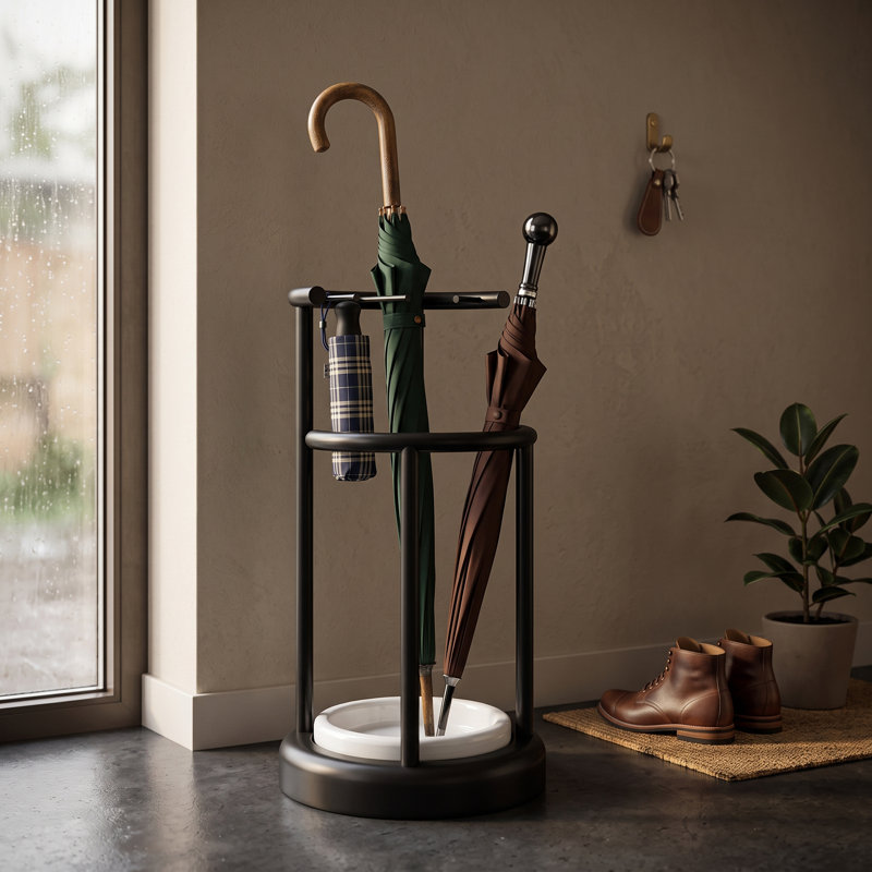 Porte-parapluies en métal avec bac égouttoir amovible, organisateur d'entrée compact et stable pour parapluies longs et pliants
