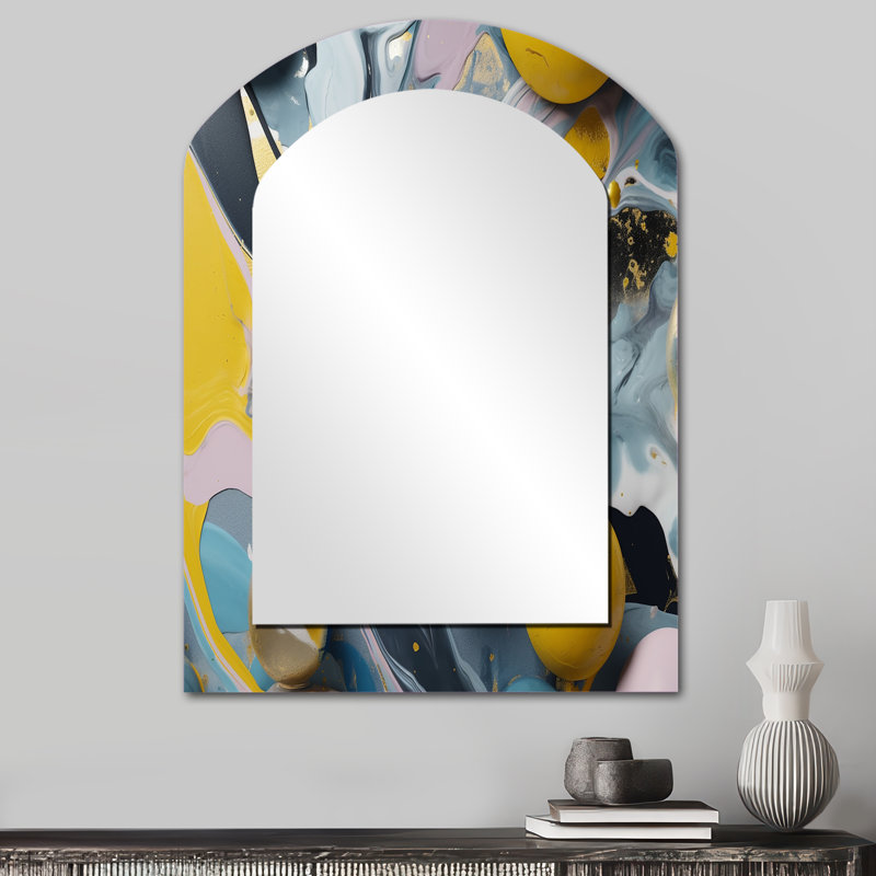 Jaune et bleu pierre fluide I - miroir arqué en marbre, miroir mural asymétrique jaune unique, impression d'art en métal