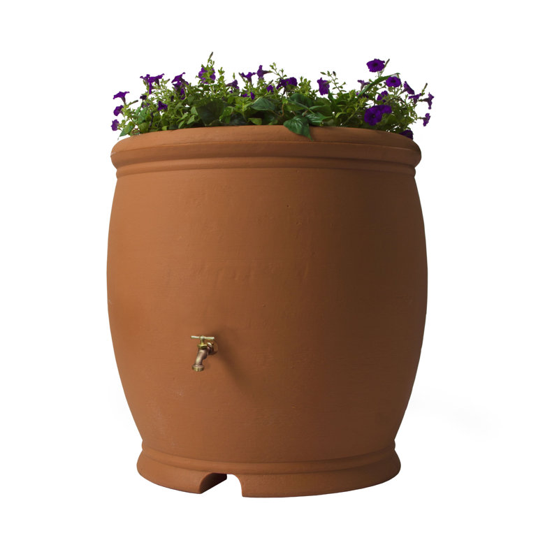 Baril de pluie en plastique décoratif 100 gallons avec plateau à fleurs, Terra Cotta