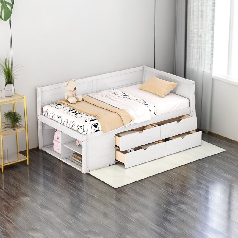 Lit de jour double avec tiroirs et tablettes, Blanc, Lit simple