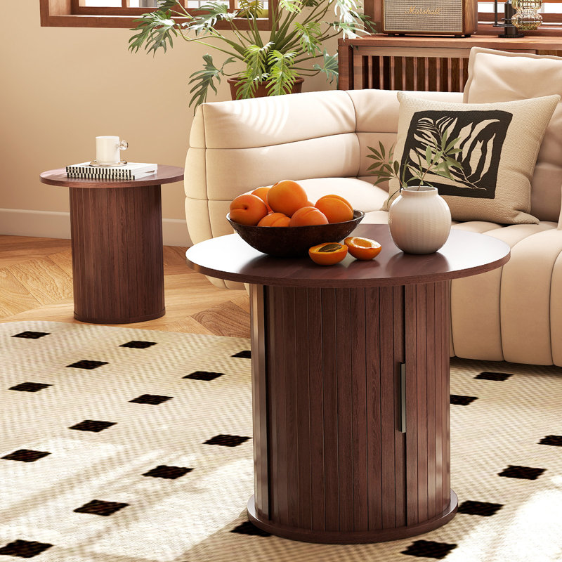 Wooden  Nesting Of Coffee Table With Metal Frame, Set Of 2 Spacious Top Coffee Table Sets With Hidden Storage Space, Walnut