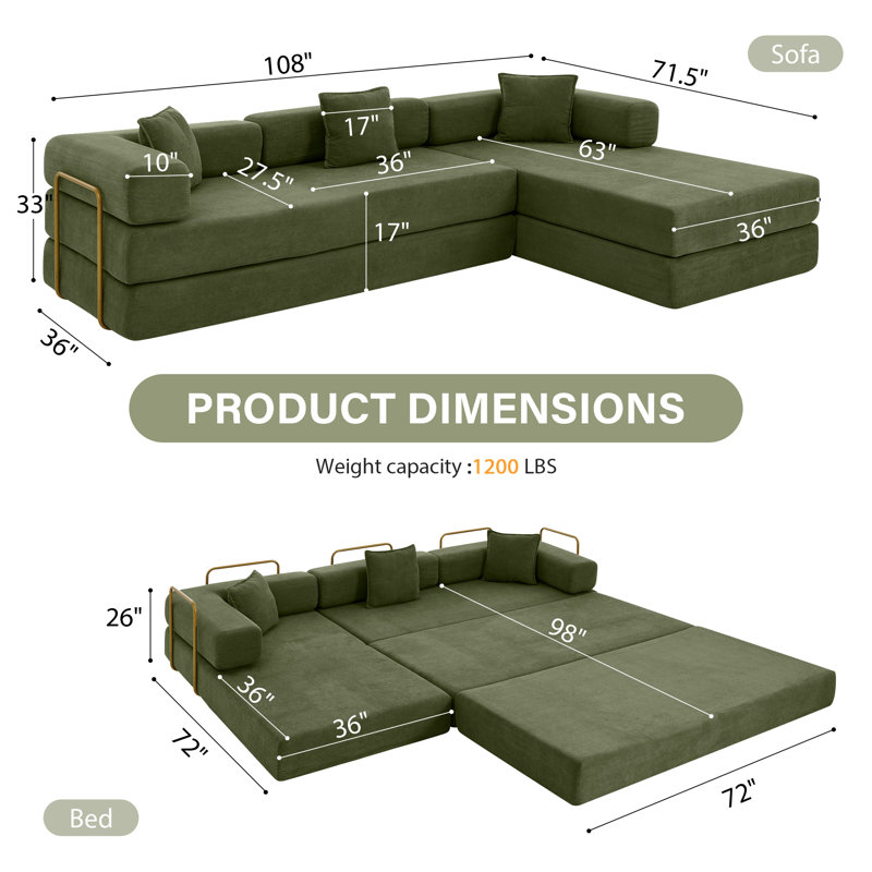 Hartwig Boneless 108" Oversized Modular Sleeper Sectional Compression Sofa Bed with Reversible Chaise, No-Assembly Floor Couch