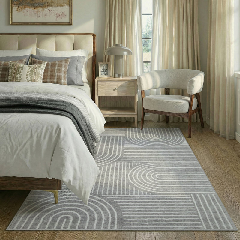 Celeta Washable Abstract Japandi Rainbow Striped Gray Area Rug - Colorful Modern Carpet for Living Room, Bedroom, or Office Decor