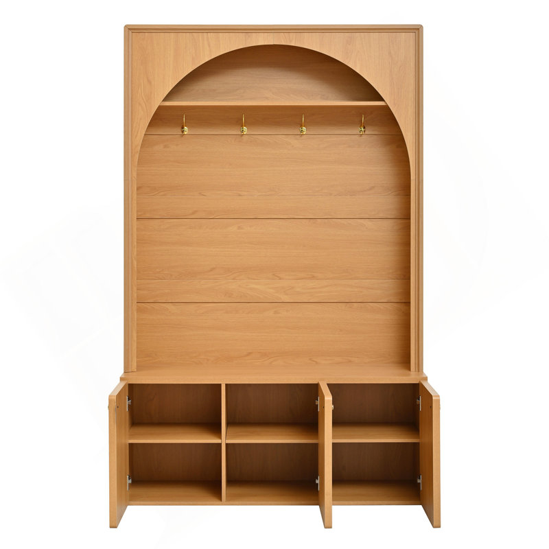 All-In-One Hall Tree With Adjustable Shelves, Retro Arched Entryway Storage Bench With 3 Cabinets, Wooden Coat Rack Organizer With 4 Golden Hooks For Mudroom, Hallway, Natural/Teak
