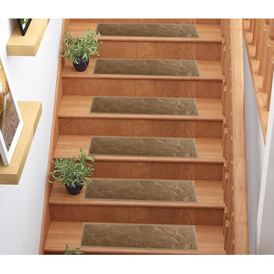 Custom Size Latex Back Medium Profile Soft Pile Leaves Beige Design Stair Carpets Treads
