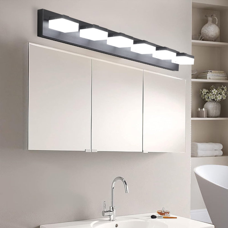 Luminaire de salle de bain à DEL à intensité variable moderne, 6000 K, Six lumières, Noir mat