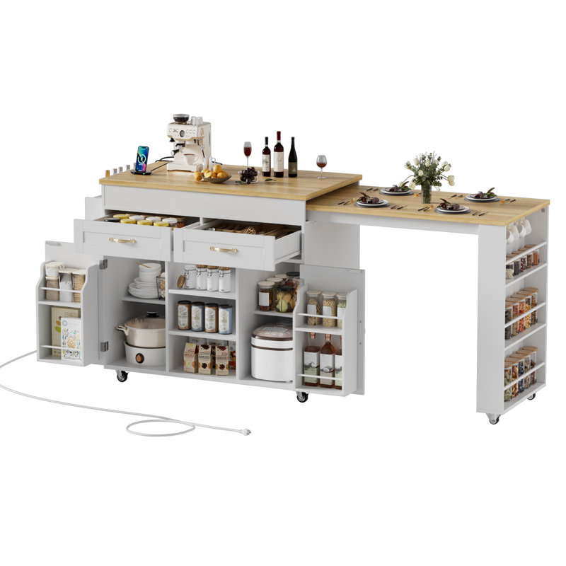 Kitchen Island With Extendable Dining Table, Mobile Kitchen Storage Islands, Rolling Kitchen Cart With Two Cabinet, Power Outlet, Spice Rack & Towel Rack