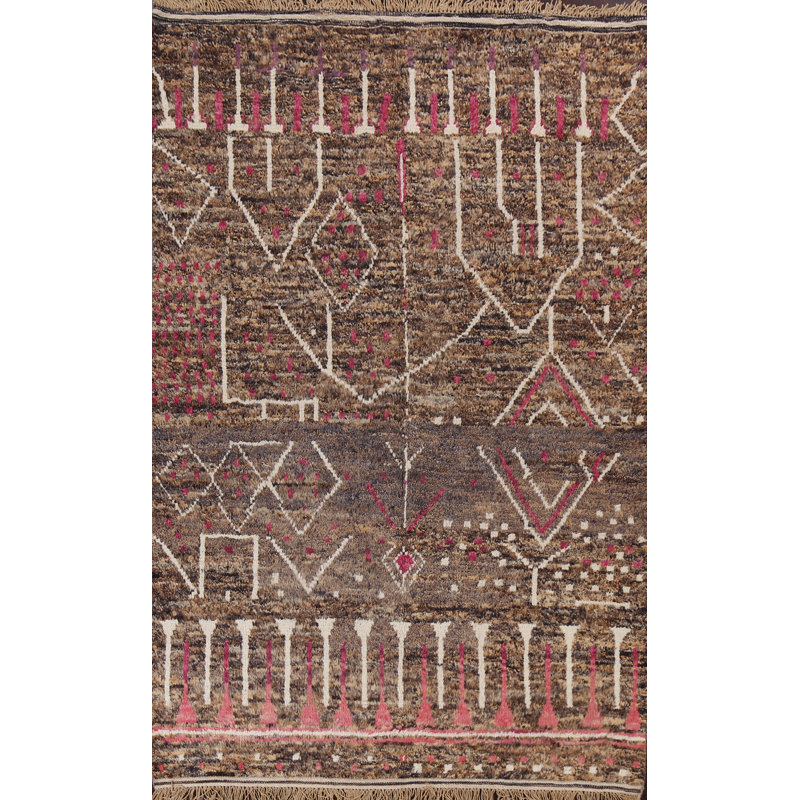 Tapis brun en laine noué à la main de conception unique 6 pi 1 po x 10 pi 1 po marocain