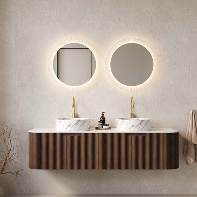 Ensemble de meuble-lavabo 60 po avec lavabo 60 po, 2 tiroirs, 2 lavabos ronds en céramique blanc mat et plateau en pierre frittée blanc de Carrare, pré-assemblé