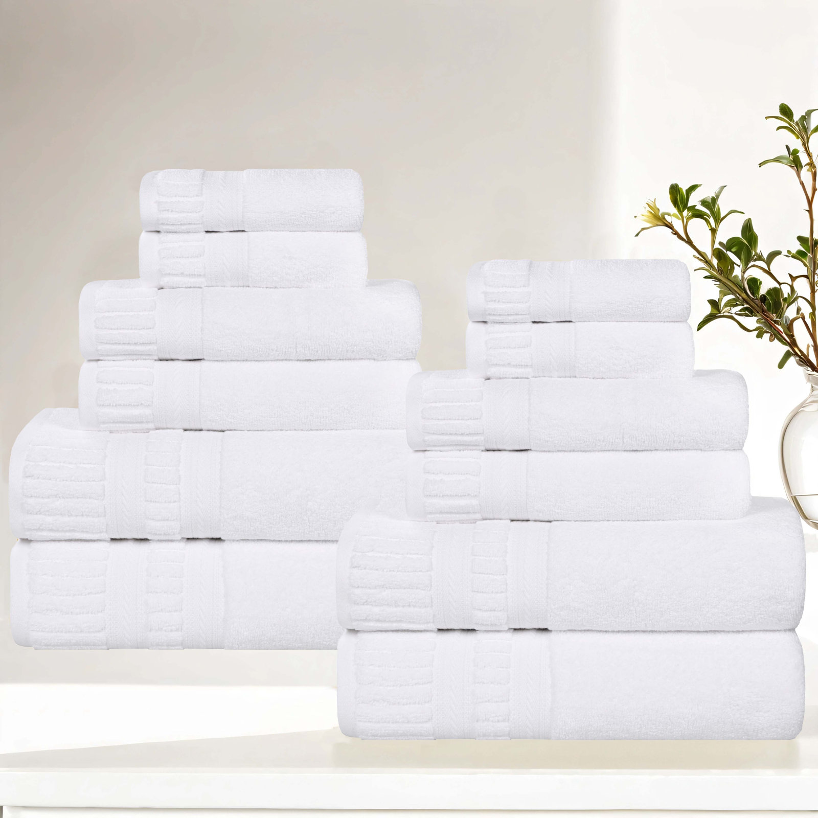 Zero-Twist Cotton Towel Set, 12 Piece Towel Set, White