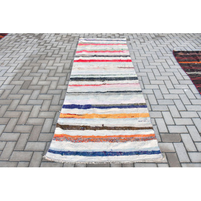 Handmade Vintage Turkish Kilim Runner Rug in Striped Design with Colorful Area and Recycled Fabric for Eco-Friendly Home Decor