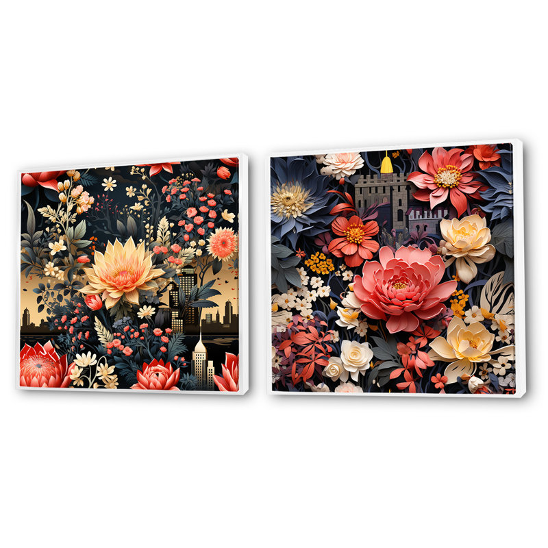 Ensemble de 2 collages carrés floraux Sara, H 16 po x l 33 po, Cadre flottant blanc