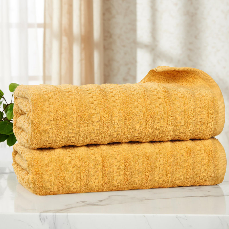 Nile Mills  Zero-Twist Cotton Bath Towel Set - Waffle Stripe Texture - Quick-Dry, Gold