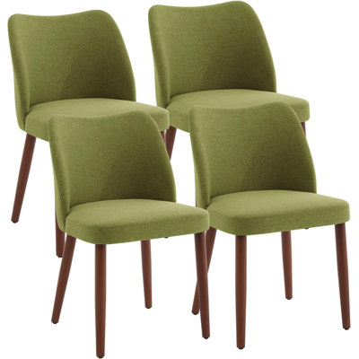 Upholstered Dining Chair with Wood Legs, Wing Backrest, Wooden Kitchen Chair with Thick Cushions
